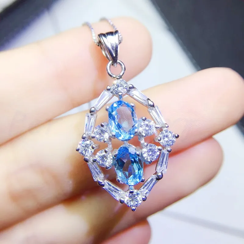 Натуральное Настоящее ожерелье из голубого топаза подвеска 1.1ct* 2 шт драгоценный камень Серебро 925 пробы хорошее ювелирное изделие Q910242