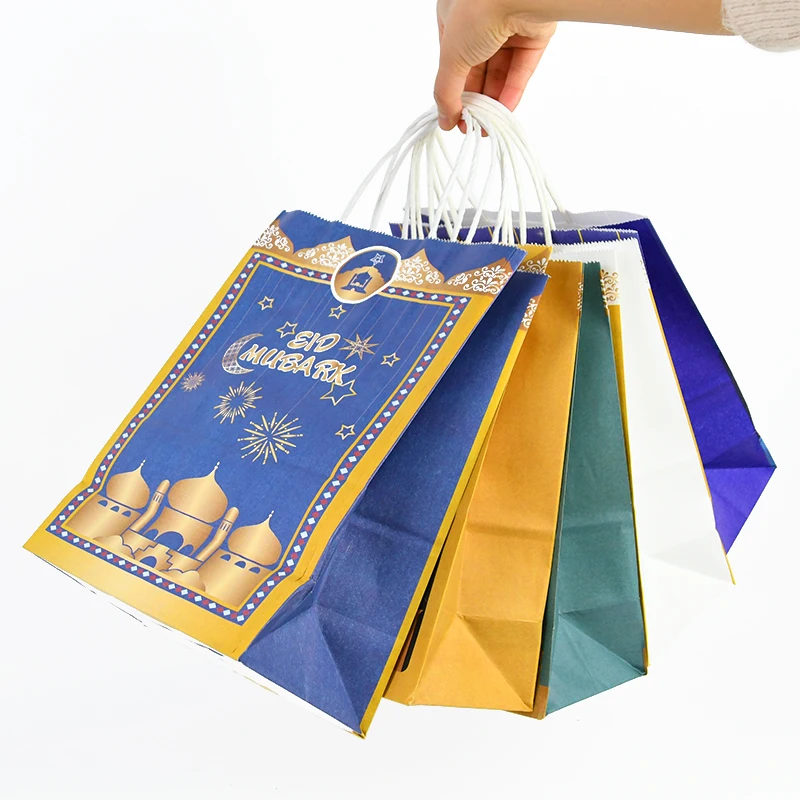 6pcs Eid Mubarak Kraft Paper Gift Bags Muslim Islamic Festival Party Cookie Candy Packaging Box Ramadan Kareem Favors Supplies