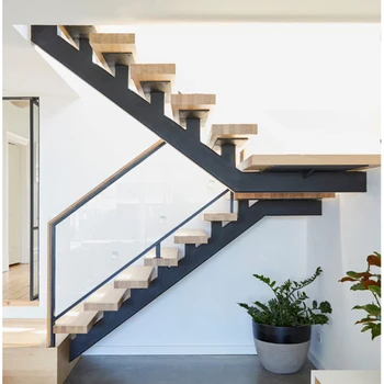 

Straight Wooden Stairs Staircase Design With Tempered Glass Handrail For Modern Style