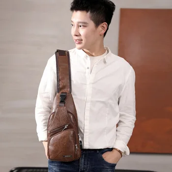 

Men PU leather waterproof Chest Bag for USB Backpack Charging cWater Repellent Crossbody Shoulder Bag