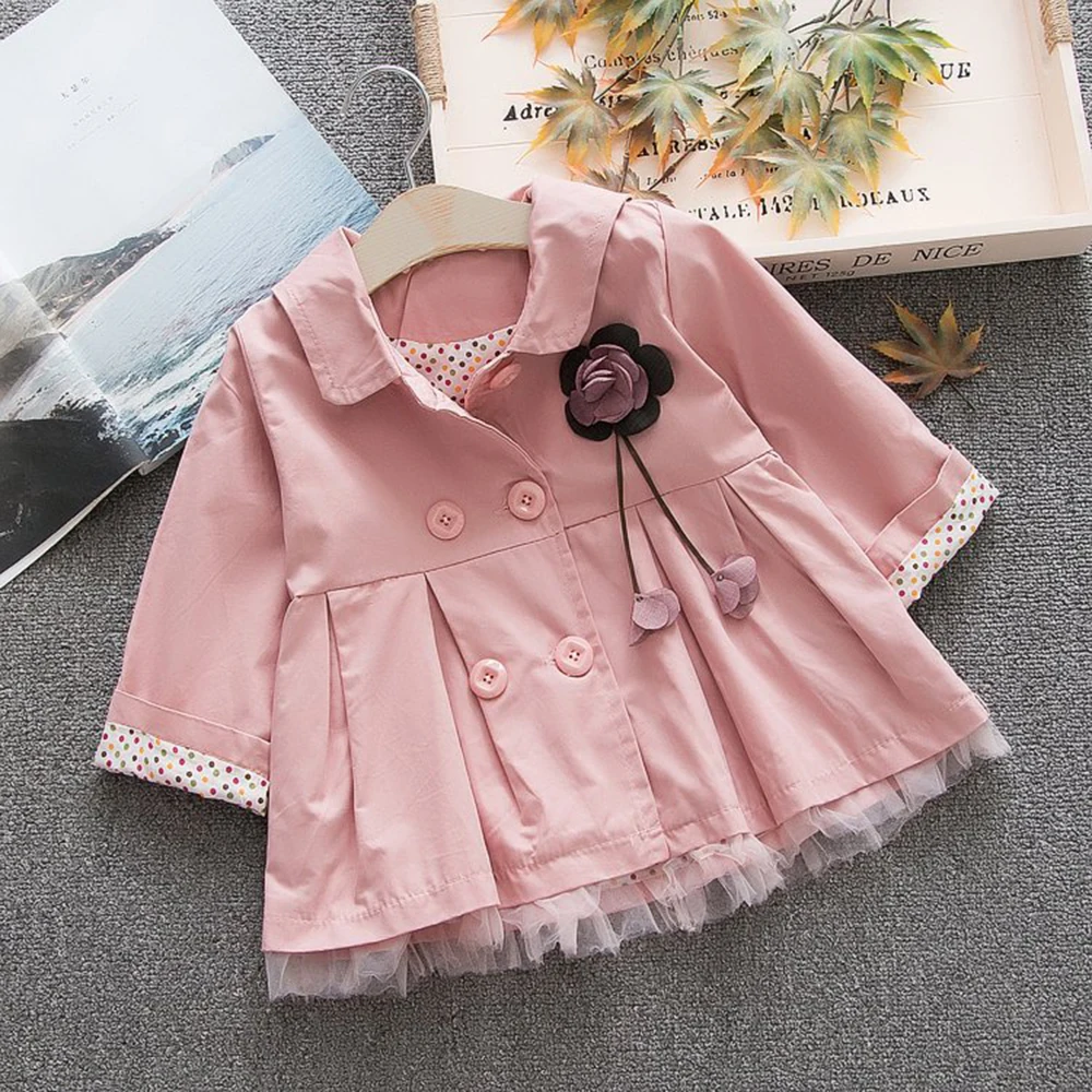 Плащ для маленьких девочек, одежда для малышей, детский плащ с длинными рукавами, цветочной аппликацией и сеткой, верхняя одежда - Цвет: Розовый