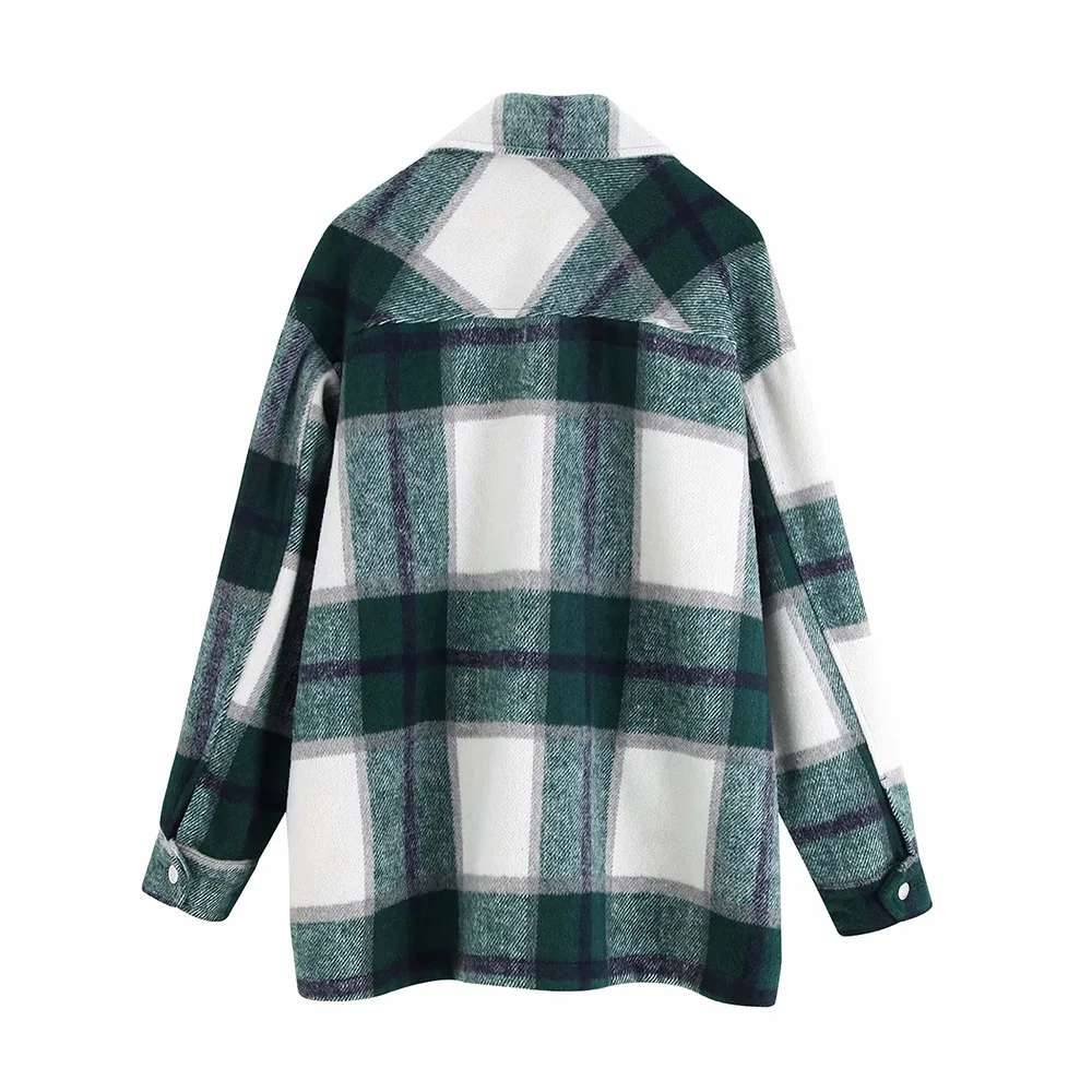 Best  TRAF Women Vintage Stylish Oversized Plaid Jacket Coat Fashion Lapel Collar Long Sleeve Pockets Loo