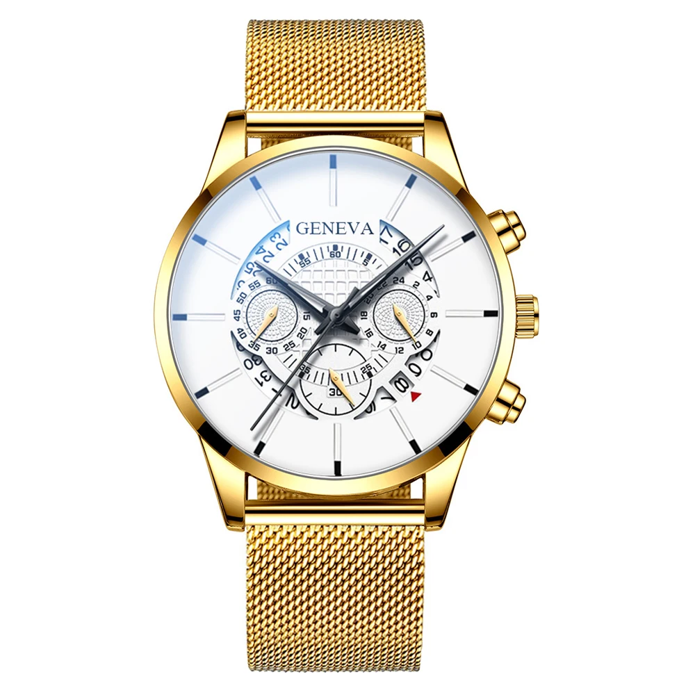 gold white Мужские часы Relojes Masculino, модные роскошные часы из нержавеющей стали с календарем, аналоговые кварцевые наручные часы, деловые синие часы - Цвет: gold white