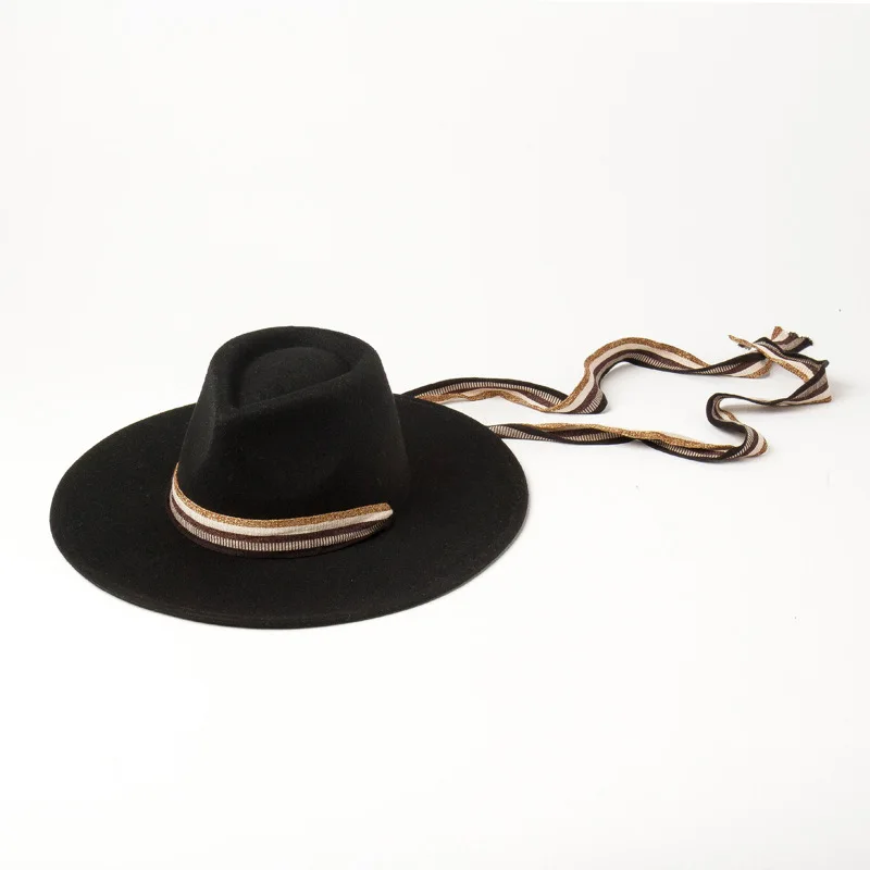 USPOP новые женские фетровые шляпы с широкими полями шерстяной джазовый шапки женские полосатые длинные шерстяные шляпы с лентой