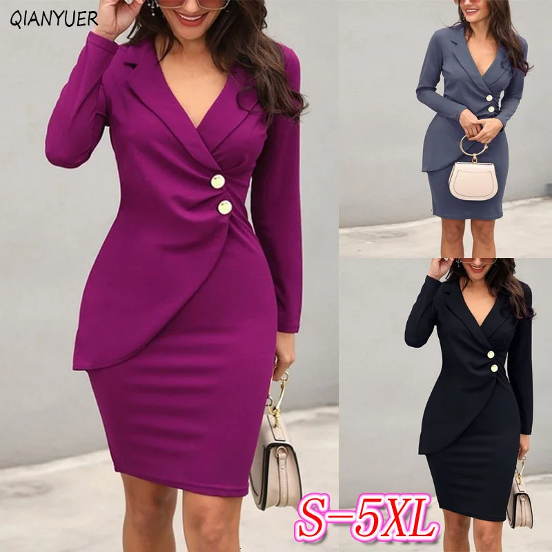 Осеннее Платье для женщин офисное сексуальное одноцветное с отложным воротником