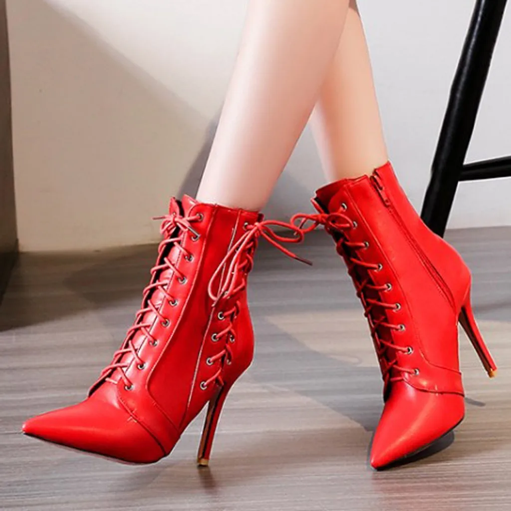 2019 Sexy Wedding Boots Women Pointed Toe High Heels Shoes Ladies Fashion Solid Color Lace-On Cross-Tied Winter Ankle Booties | Обувь