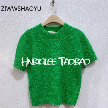 

ZIWWSHAOYU Designer Fashion Women Summer Streetwear Slim Pullovers Ladies Chic Short Sleeve Green Knitting Sweater