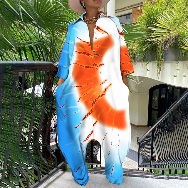 One Piece Sets Summer Casual Loose Oversize Long Sleeve Plaid Overalls Graphic Print Buttoned Pocket Design Casual Jumpsuit Blue