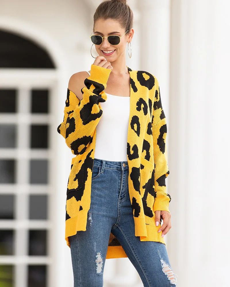 Sweater Girls Long Section Two Pocket Leopard Print Cardigan