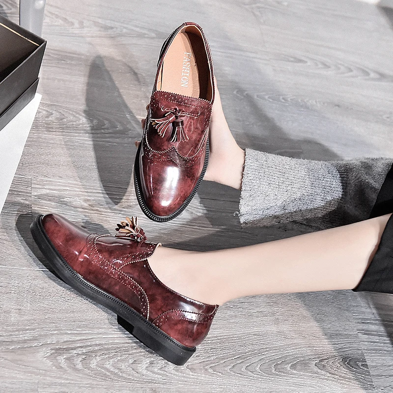 2020 Thick Bottom Platform Shoes Woman Fringe Tassel Oxfords Women Brogue Flats Patent Leather Slip on Ladies | Обувь