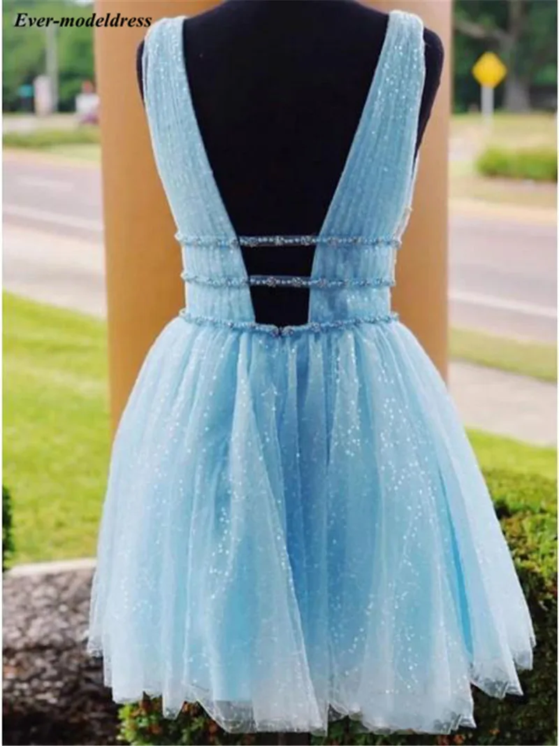 Блестящие короткие платья для выпускного с v-образным вырезом без рукавов светильник небесно-синие Бальные платья индивидуальные Vestido De Formatura