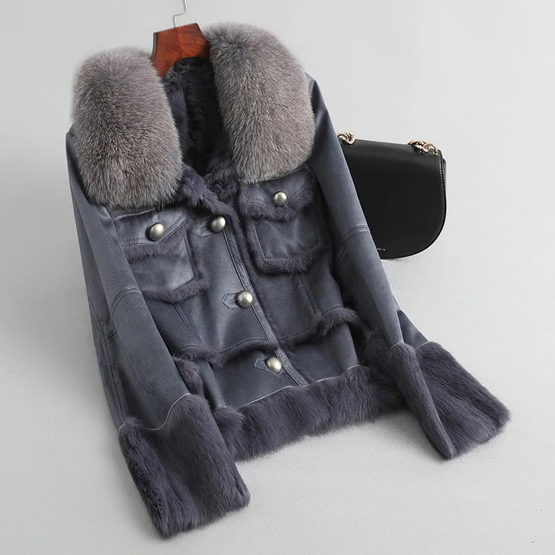 Короткое офисное Женское зимнее пальто с отложным воротником натуральный Лисий Мех высококачественное теплое пальто - Цвет: Тёмно-синий