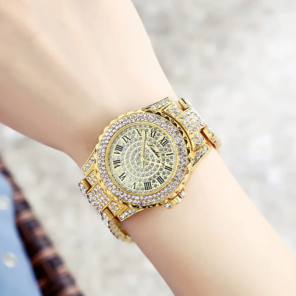 Iced Out Watch + Bracelet for Women Bling Miami Cuban Chain Simple Women Watches Luxury Gold Watch Set Fashion Jewelry Relojes