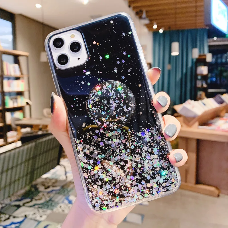 Роскошный Blingbling чехол для iPhone 11 PRO MAX 6 6SP 8 Plus 7Plus X XS MAX XR чехол для телефона Блестящий Прозрачный чехол-подставка со звездами - Цвет: Black
