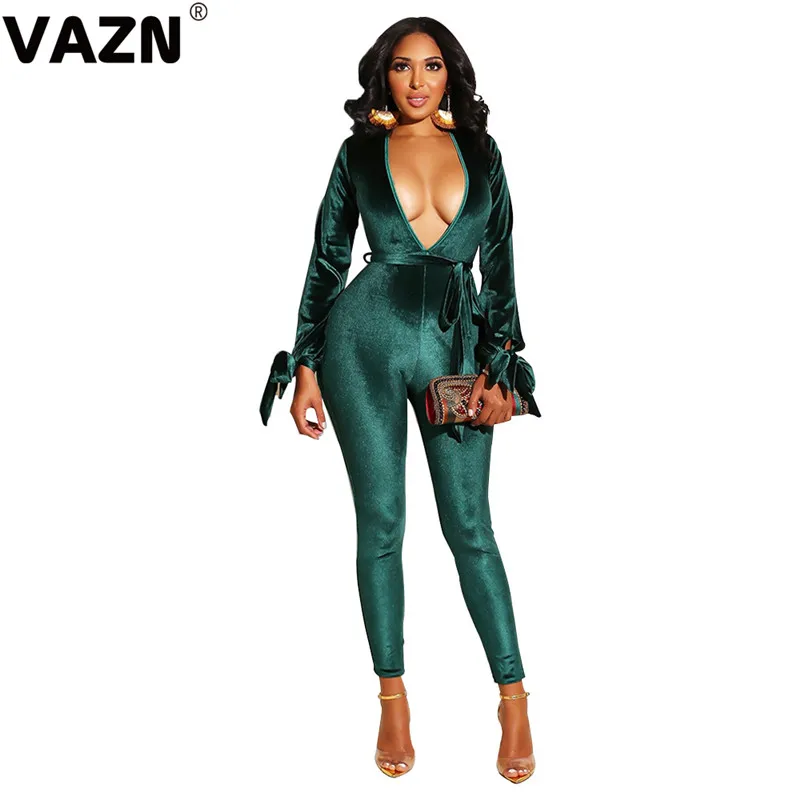 VAZN new design bandage lady solid high street zippers women jumpsuit long sleeve long pant jumpsuits sexy club wind rompers