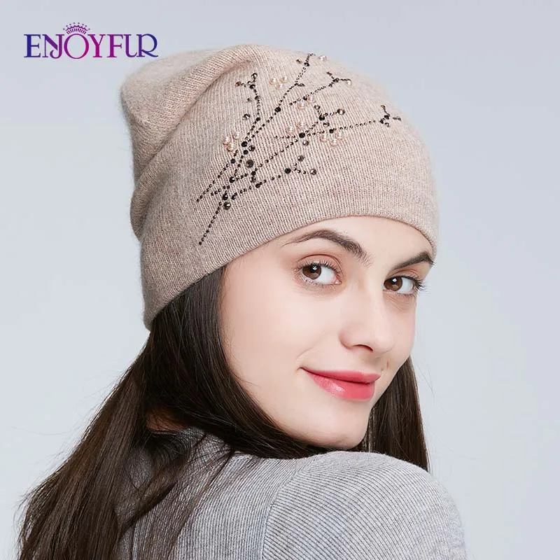 

ENJOYFUR Rhinestones Knitted Winter Hats For Women Warm Angora Rabbit Female Cap Lady's Autumn Thick Beanies