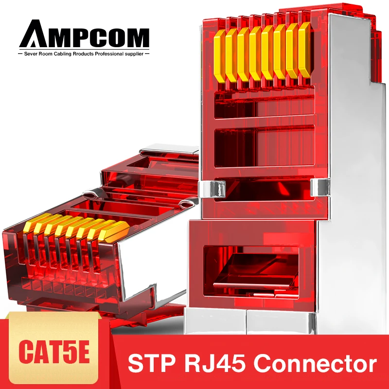 

AMPCOM CAT5e Shielded RJ45 Modular Plug Connector 8P8C Crimp End Ethernet Cable Ethernet Connector Gold-Plated 50U