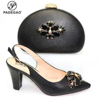 

2020 Mature Design Italian Ladies Shoes and Bag with Shinning Crystal Peep Toe Sadals for Royal Wedding Party in Black Color