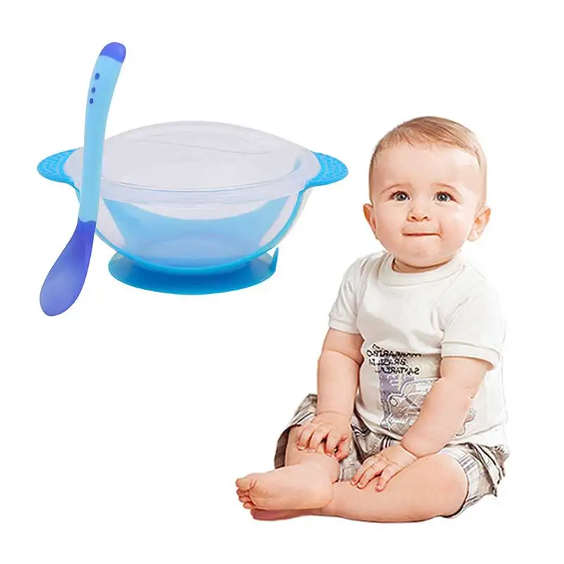 

Baby Suction Cup Bowl with Temperature Sensing Spoon Set Baby Learning Bowl Child Safety Cutlery Set Training Bowl Four Colors