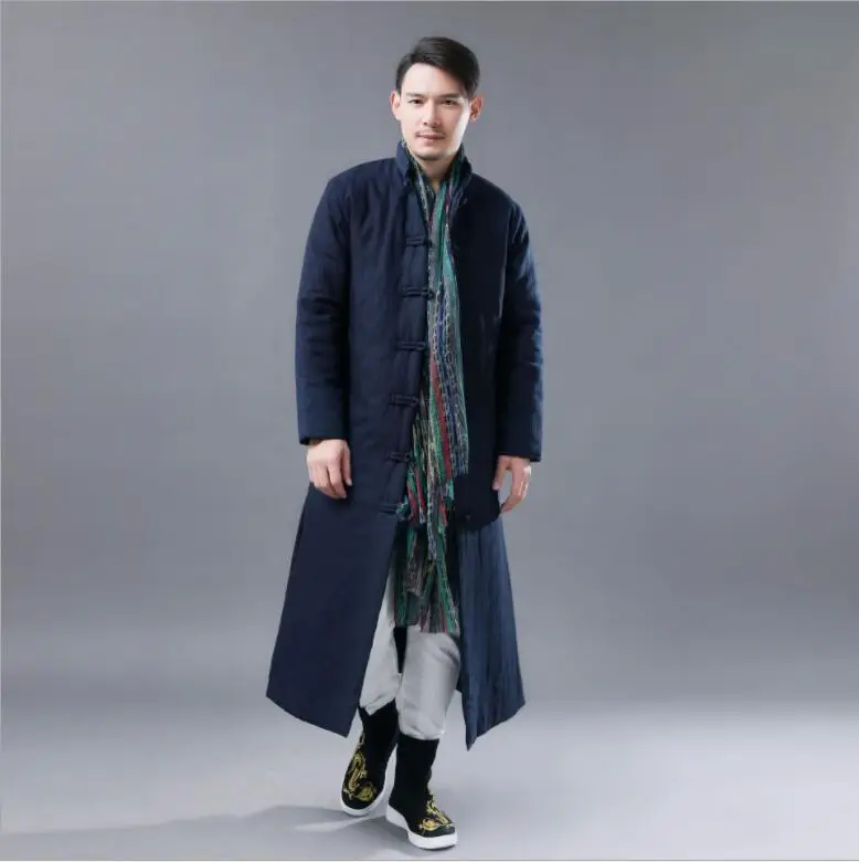 Китайский ретро Gar для мужчин t Национальный стиль мужчин хлопок платье на подкладке сплошной цвет досуг стенд воротник пальто с хлопковой подкладкой длинная куртка