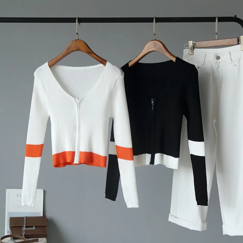 

V-neck Zipper Slim Fit Cropped Knitted Cardigans Women High Street Stretch Autumn Knitwear Female 2019 Sweaters Coat cws0250-5