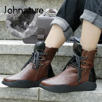 

Johnature Ankle Women Boots Genuine Leather Short Plush Women Shoes Lace-up Round Toe Flat With 2020 New Zipper Platform Boots