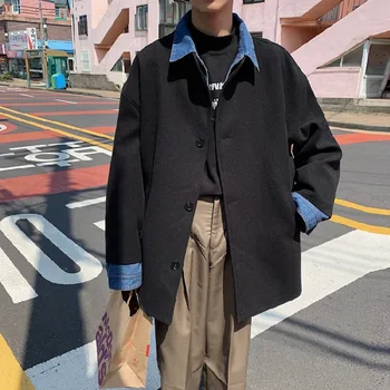

2019 Winter New Korean Version Of The Thick Small Fresh Students Wild Denim Stitching Contrast Color LooseWoolCoat Street Casual