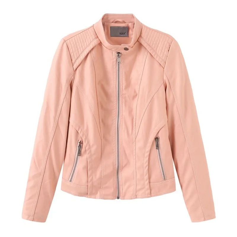 Pink Женские короткие Классические Куртки из искусственной кожи на весну и осень, Женская мотоциклетная одежда - Цвет: Pink