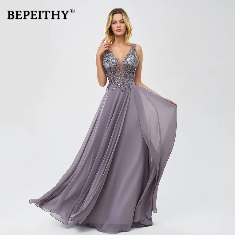 

BEPEITHY Vestidos De Gala V Neck Long Prom Dresses 2019 выпускное платье Vintage Chiffon Evening Dress New