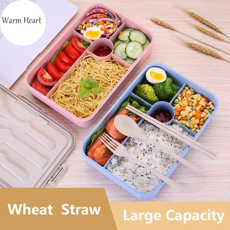 

Pink/Blue Wheat Straw Lunch Box Tableware Eco-friendly Portable Plastic Microwavable Dinnerware Set Bento Box Food Container