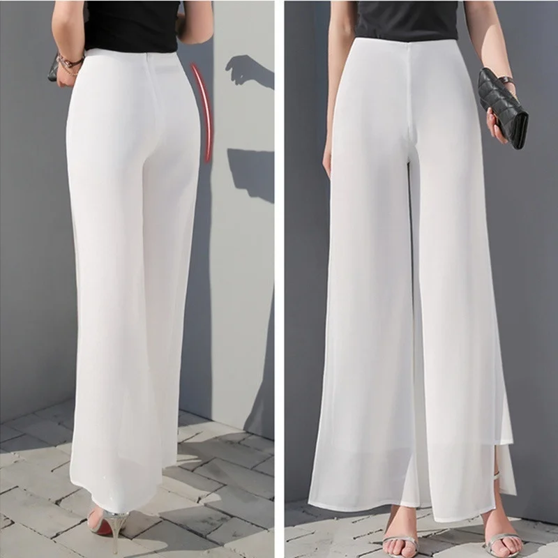 ZOGAA Women's Wide Leg Pants Summer Loose Thin Trousers Casual Solid Zipper High Waist Chiffon Side Split Bohemian Skirt Pants