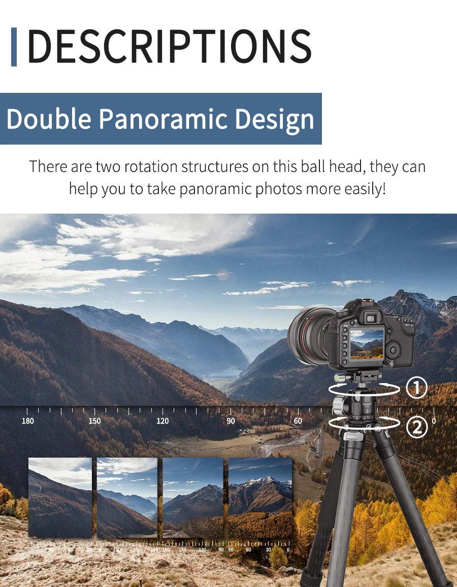 V52 / V44 / V36 Tripod Low Gravity Center Dual Panoramic Ball Head for Digital S