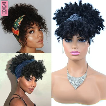 

YunRong Synthetic Turban Wrap-Wig 2 in 1 Afro Puff Short Kinky Curly with Bands Drawstring Headwrap For African Women