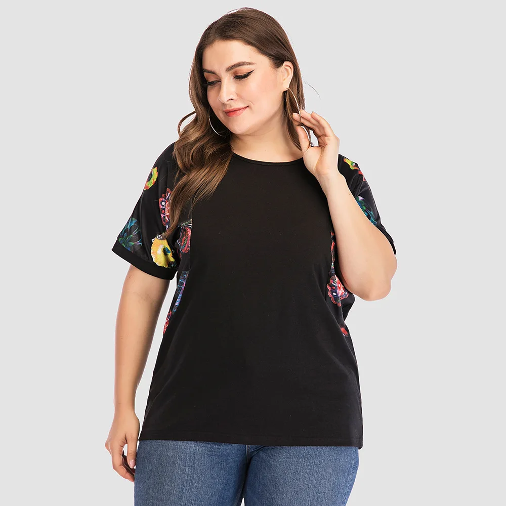 5XL плюс размер блузка женская летняя с круглым вырезом короткий рукав цветочный принт Лоскутная Элегантная блузка футболка свободный женский жакет Топы