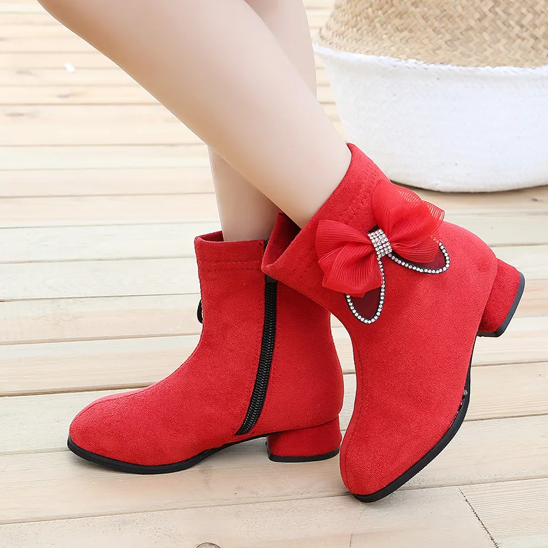 Winter Boots for Girls Shoes Fashion Rhinestone Bow Princess Boots Plus Velvet Warm Kids Shoes Heels Zip Children Martin Boots