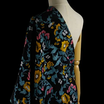 

114CM 12MM Floral Print Thin Blue Black Silk Crepe De Chine Fabric for Summer Dress Blouse Skirt Shirt Pants F014