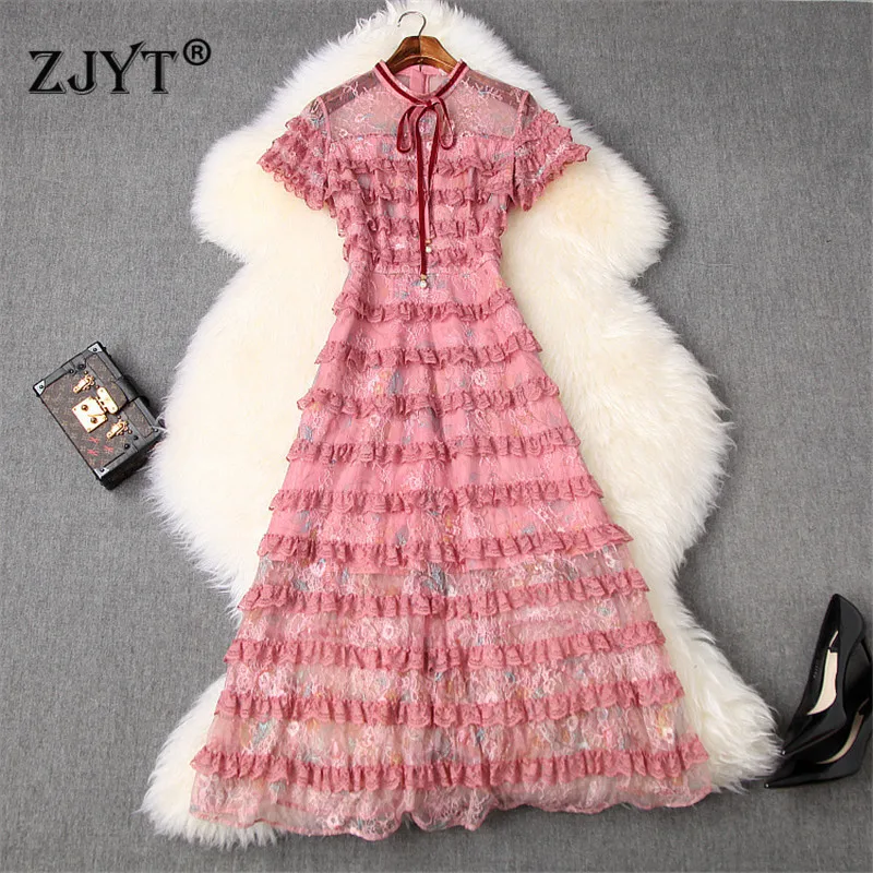 

2020 Women Spring Summer Dress Runway Designers Short Sleeve Bowknot Ruffle Layered Cake Tulle Lace Dress Sexy Party Dresses