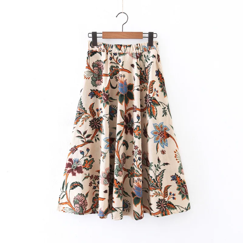 

B3771-Western Style WOMEN'S Dress 2019 Spring New Style Mid-length Elastic Waist Printed Big Hemline Skirt