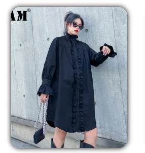 [EAM] Свободная приталенная Черная куртка с поясом популярного цвета, Новое Женское пальто с отворотом и длинным рукавом, модное осенне-зимнее пальто 1A879
