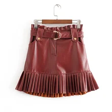 RR, однотонные юбки с поясом на талии, женская модная повседневная юбка из искусственной кожи, женские элегантные плиссированные мини-юбки для женщин