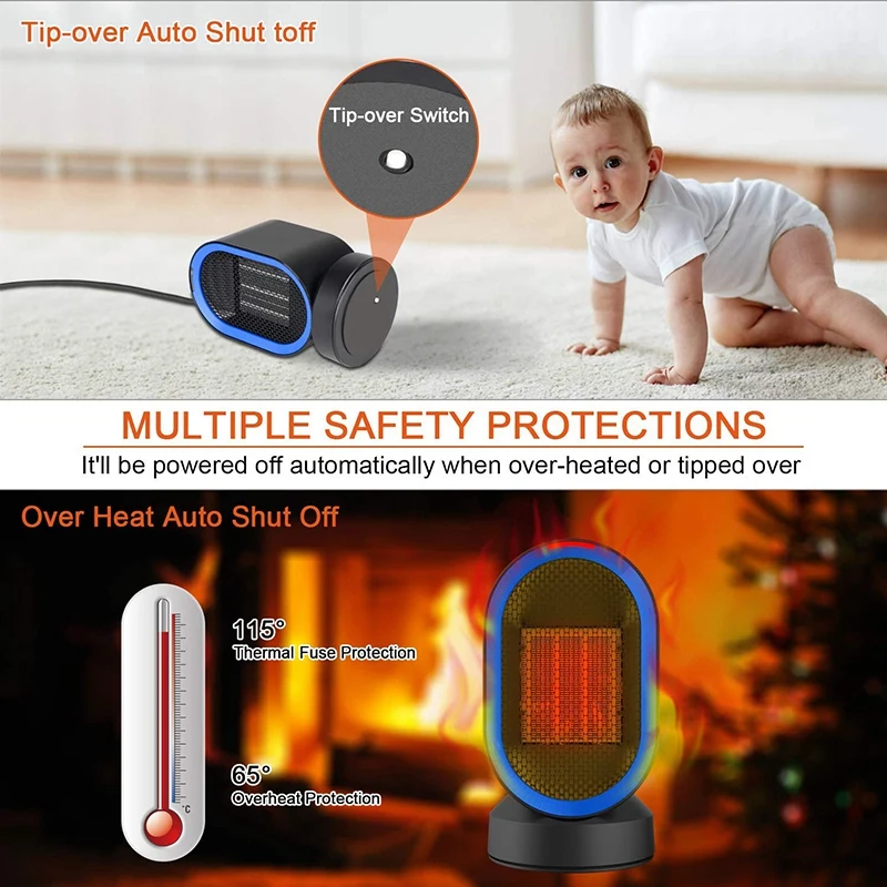 Керамический обогреватель, маленький Электрический PTC обогреватель, портативный Настольный вентилятор-обогреватель, защита от перегрева и перегрева для дома и офиса, 600 Вт, ЕС