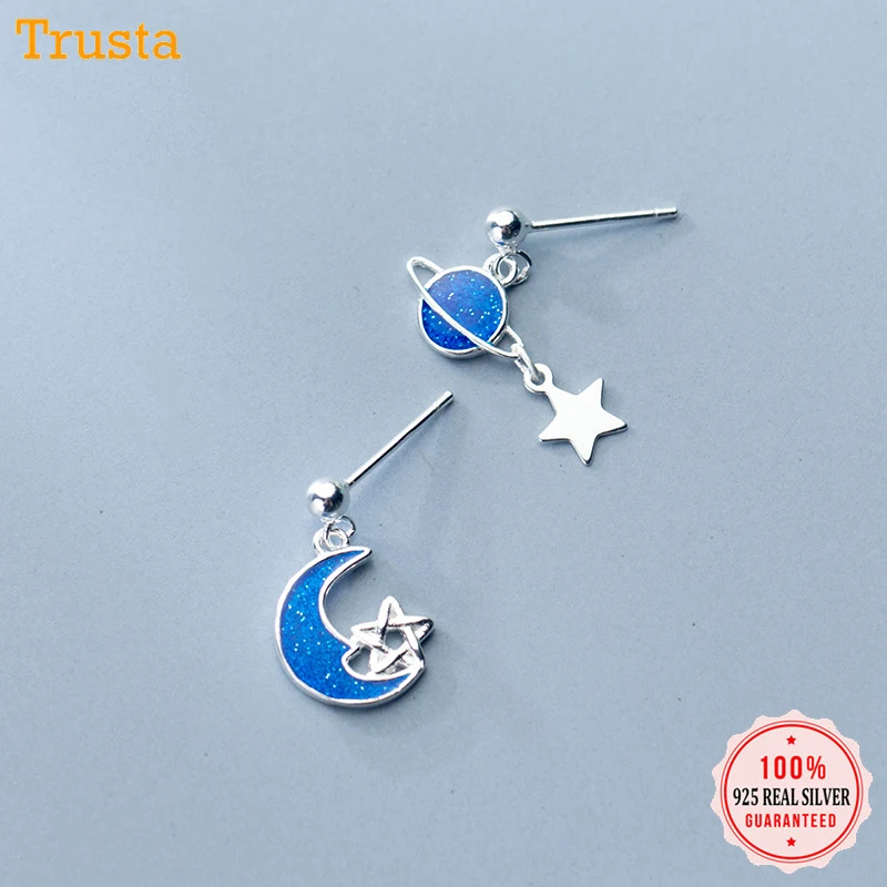Trusta 925 пробы Серьги серебристого цвета; бижутерия, маленькие голубые серьги-гвоздики со звездами и луной, подарок на день рождения для девочек-подростков DS1313
