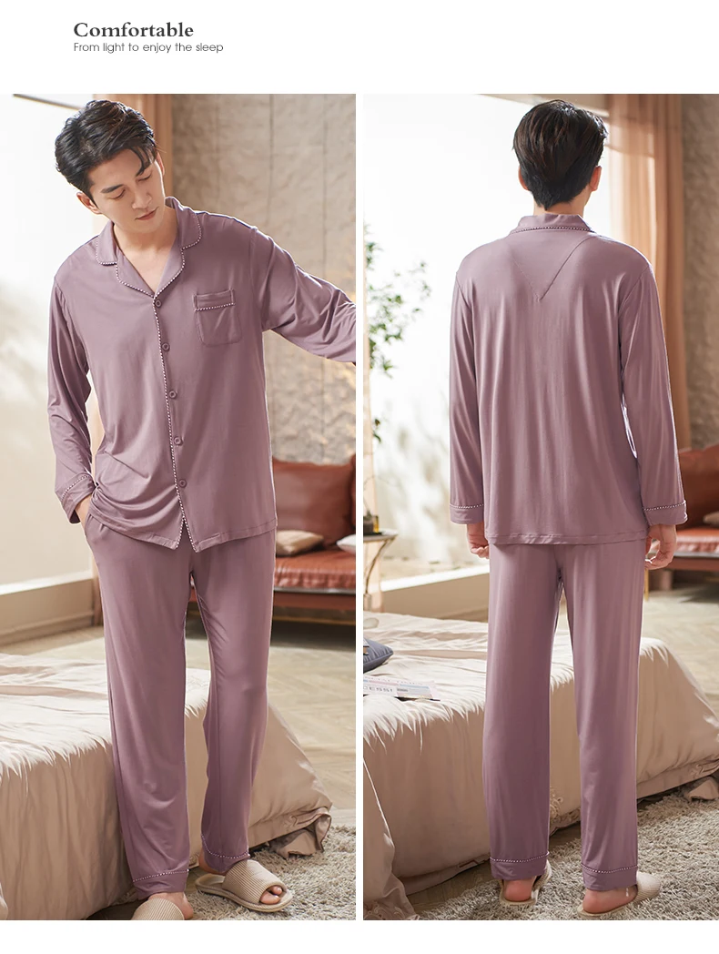 mens silk pajama set Fashion Pajamas Sets Men Long Sleeve Turn-down Collar Pijamas Hombre Spring Autumn Solid Color Modal Male Casual Tracksuit M-3XL mens christmas pjs