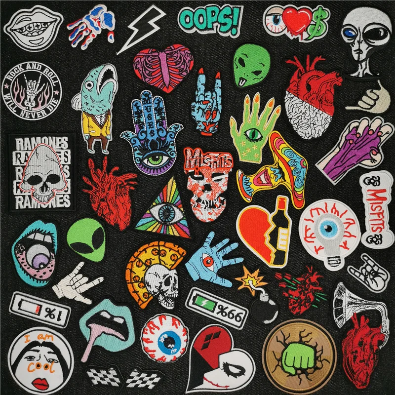 Rock n Roll Bestickt Patch für Kleidung Nähen Liefert Dekorative Abzeichen Grotesk Schädel Palm Bügeln Aufkleber Kleidung Patches – Detail 1