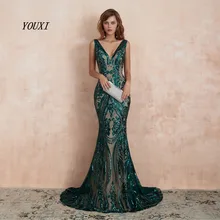 YOUXI женские платья Русалка для выпускного вечера Длинные дизайн сексуальный v-образный вырез блестящий зеленый Vestido de Formatura Longo