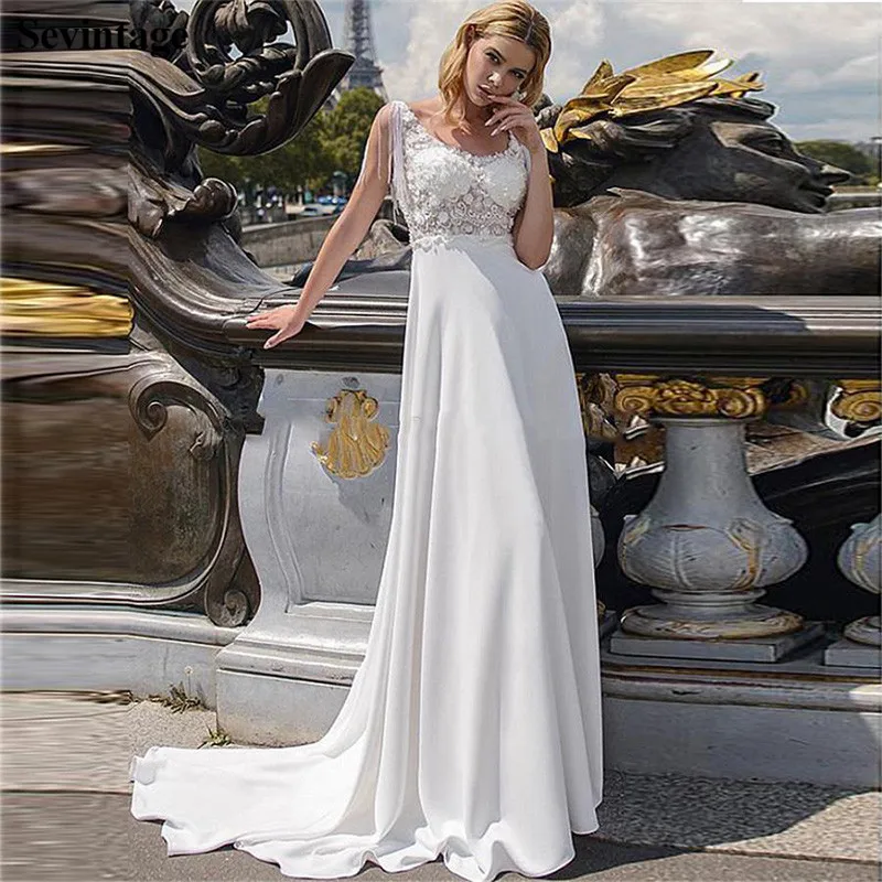 

Sevintage Beach Satin Wedding Dresses Boho Appliques Lace Tassel Bride Gowns Open Back Plus Size Princess Wedding Party Dress