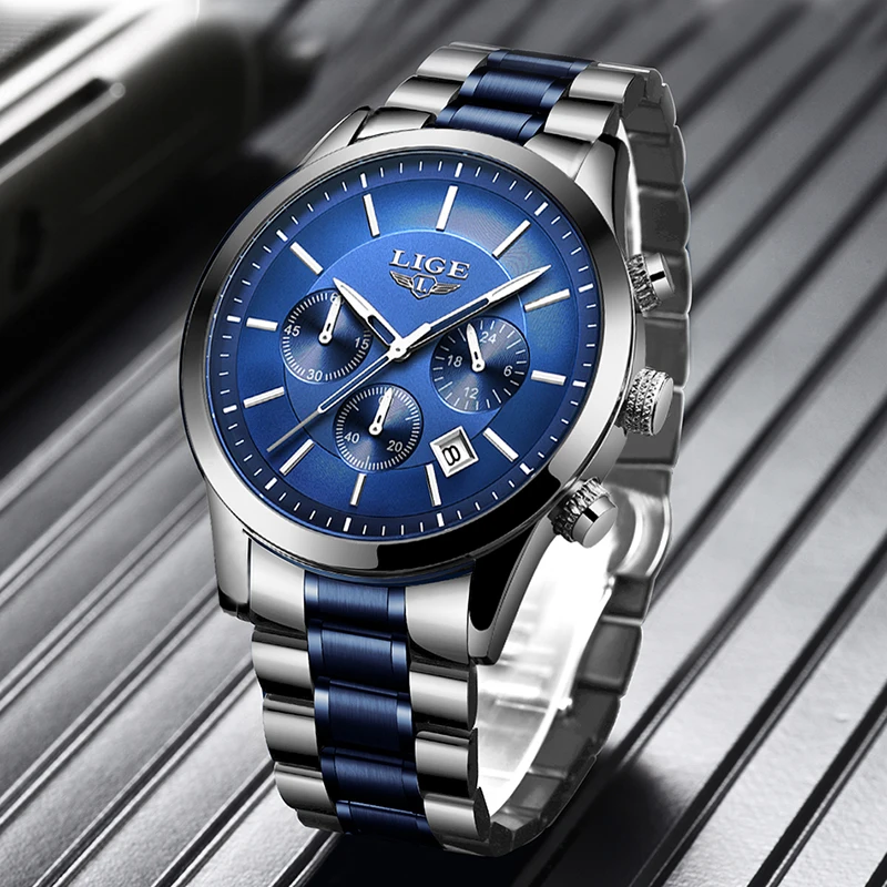 

LIGE Mens Watches Top Brand Luxury Blue Steel Quartz 2020 Chronograph Waterproof Watch Business Full Steel Men Watch Blue Clock