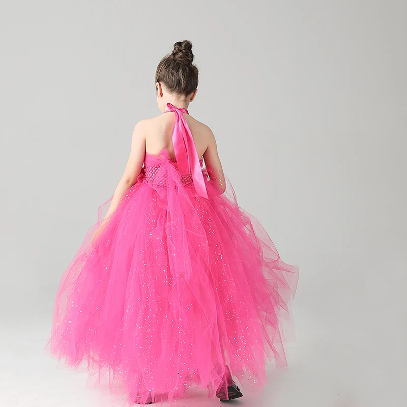 Glittery Hot Pink Tulle Girls Party Tutu Dress Princess Stunning Ball Gown Dress for Children Wedding Pageant Birthday Costume (8)