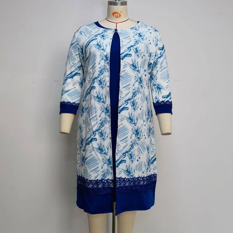 

2024 summer sexy african women polyester printing plus size dress suit (dress and coat) 2XL-6XL