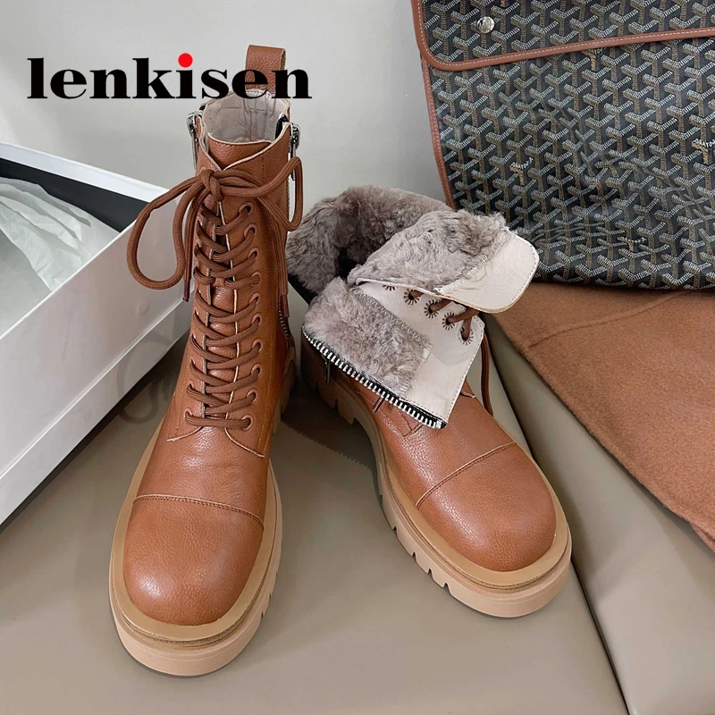 

Lenkisen genuine leather round toe thick bottom snow boots wool winter keep warm comfortable cross-tied leisure ankle boots L80